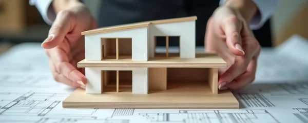 Main d'un professionnel tenant une maquette de maison moderne avec des plans de construction en arrière-plan