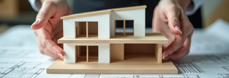 Main d'un professionnel tenant une maquette de maison moderne avec des plans de construction en arrière-plan