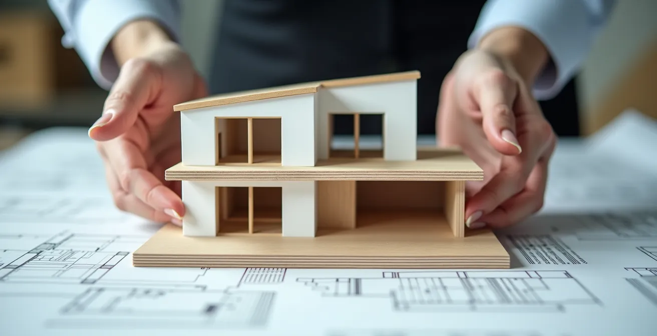 Main d'un professionnel tenant une maquette de maison moderne avec des plans de construction en arrière-plan