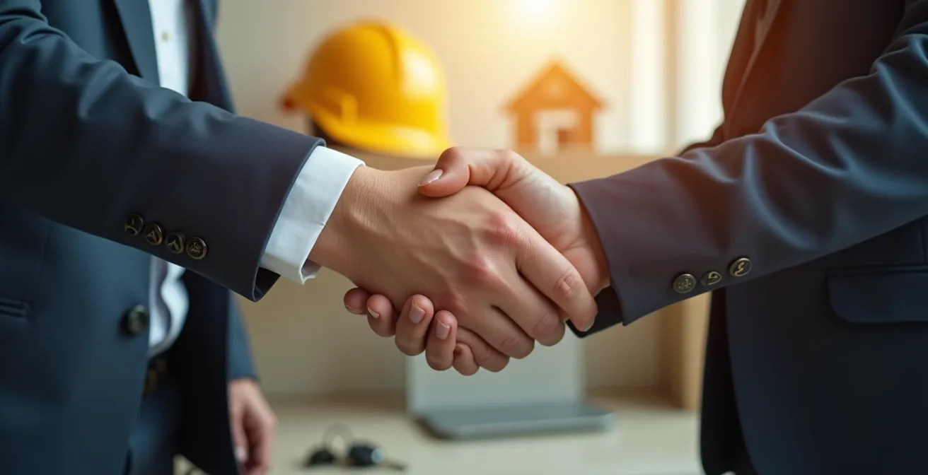 Poignée de main symbolique entre deux professionnels avec un casque de chantier et des clés de maison en arrière-plan
