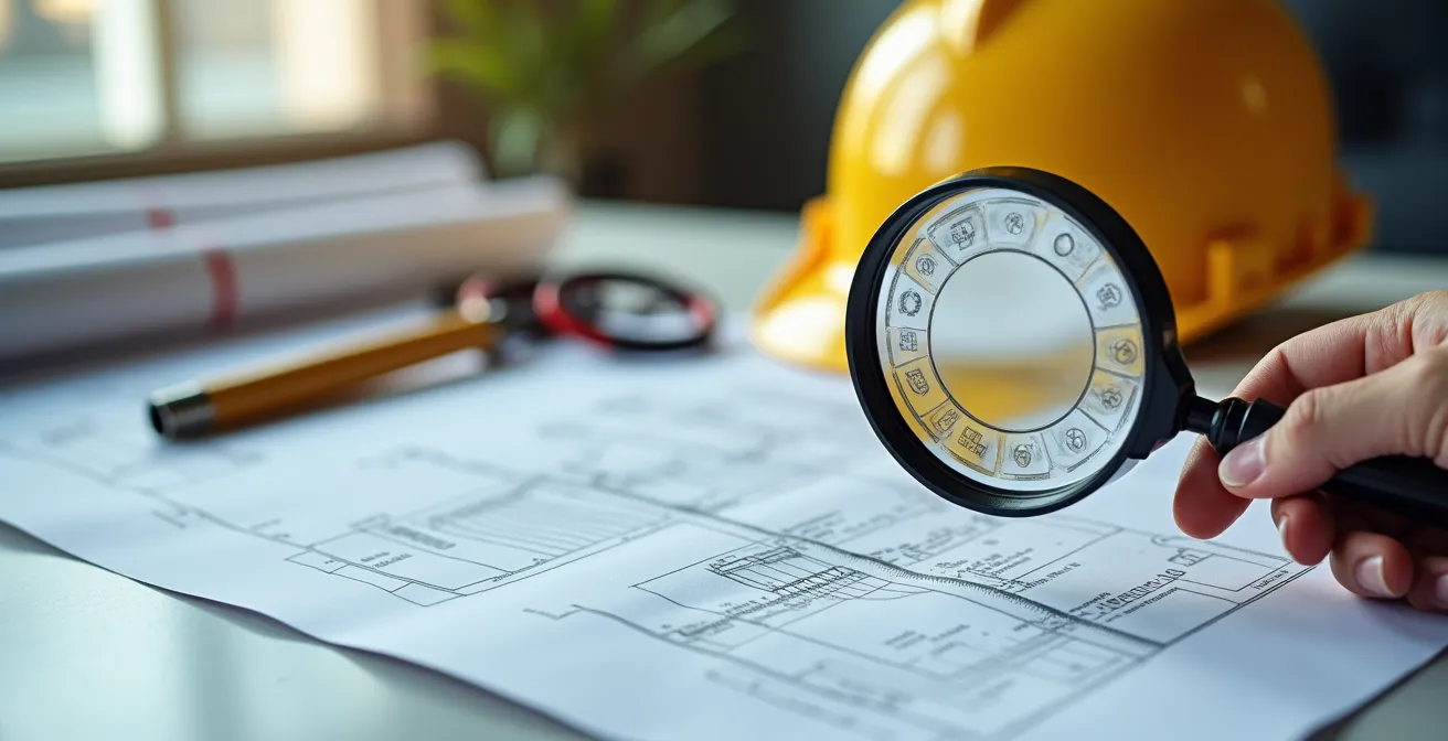 Professionnel du bâtiment consultant des documents avec une loupe, entouré d'outils de construction et de plans architecturaux