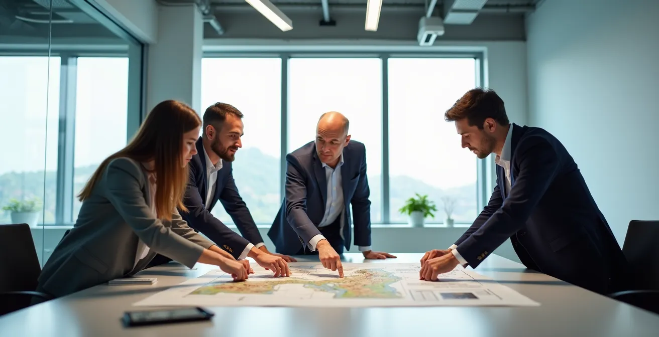 Équipe analysant des données géotechniques autour d'une table