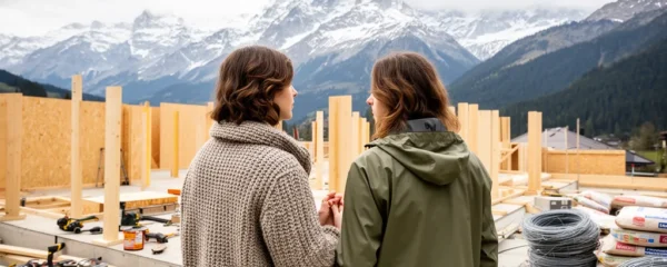 Couple observant une maison en construction avec les Alpes en arrière-plan