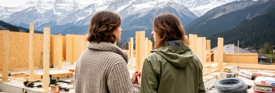 Couple observant une maison en construction avec les Alpes en arrière-plan