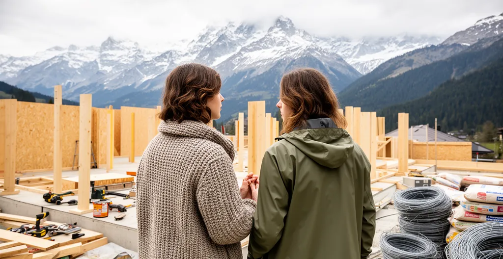Couple observant une maison en construction avec les Alpes en arrière-plan