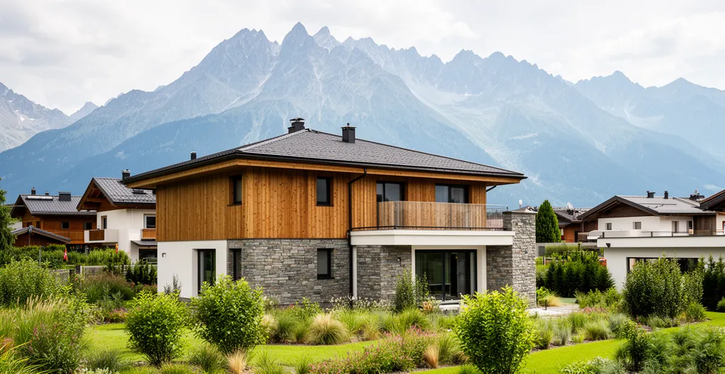 Maison individuelle récente dans un lotissement avec montagnes en arrière-plan