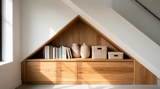 Aménagement sur mesure d'un espace atypique sous escalier transformé en bibliothèque et rangements intégrés