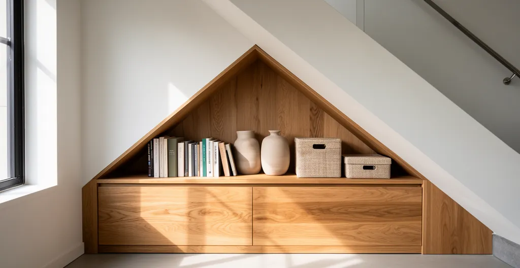 Aménagement sur mesure d'un espace atypique sous escalier transformé en bibliothèque et rangements intégrés