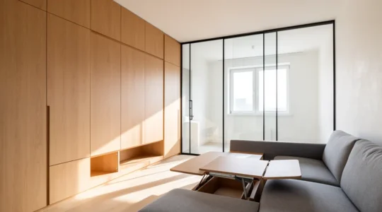 Vue intérieure d'un appartement de 40m² aménagé avec des meubles multifonctionnels et des cloisons semi-ouvertes