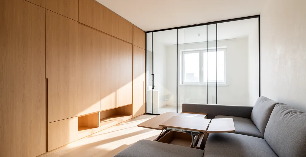 Vue intérieure d'un appartement de 40m² aménagé avec des meubles multifonctionnels et des cloisons semi-ouvertes
