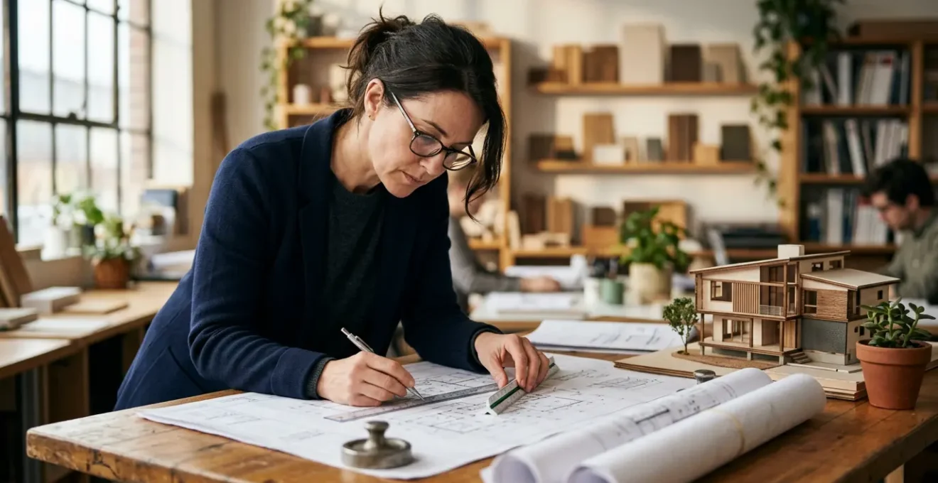 Architecte analysant des plans d'optimisation d'espace avec maquette de maison moderne