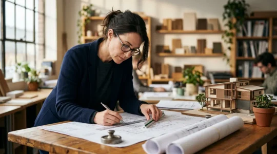 Architecte analysant des plans d'optimisation d'espace avec maquette de maison moderne