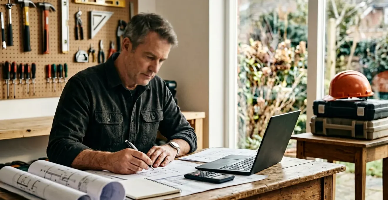 Artisan du bâtiment calculant ses coûts dans son bureau avec plans et calculatrice
