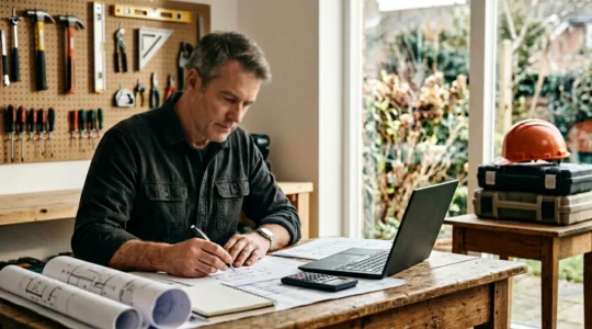Artisan du bâtiment calculant ses coûts dans son bureau avec plans et calculatrice