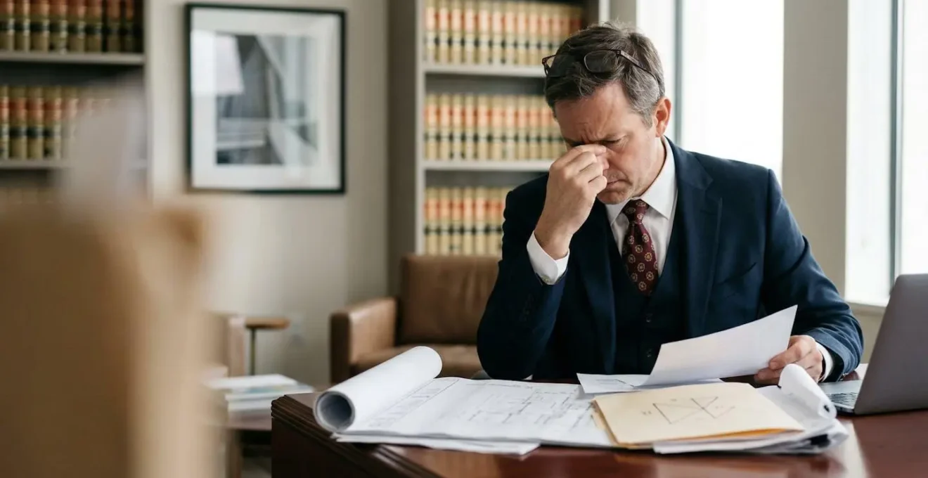 Avocat spécialisé en droit de la construction analysant un dossier d'assurance décennale dans son bureau