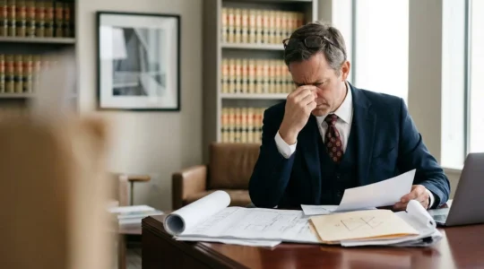 Avocat spécialisé en droit de la construction analysant un dossier d'assurance décennale dans son bureau