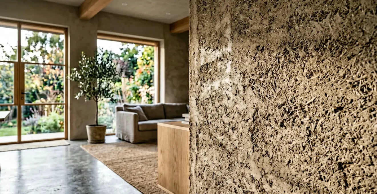 Mur en béton de chanvre montrant sa texture poreuse naturelle dans une maison écologique