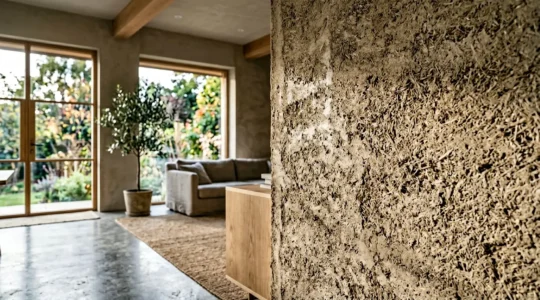 Mur en béton de chanvre montrant sa texture poreuse naturelle dans une maison écologique