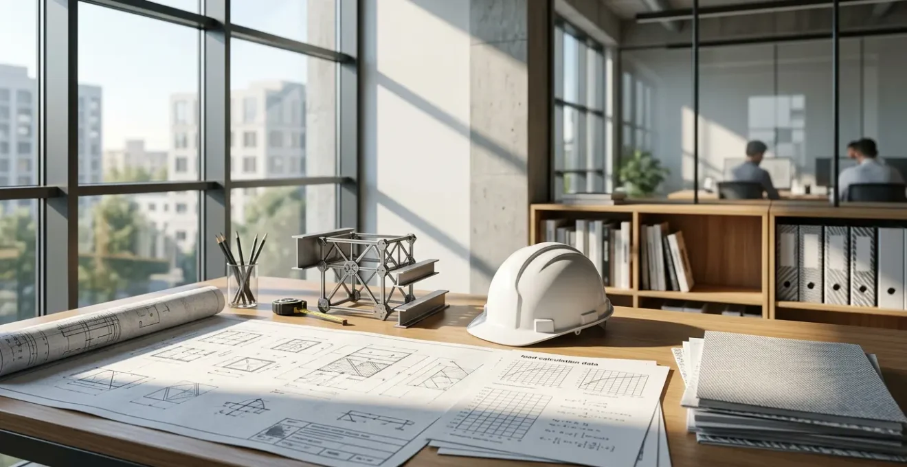 Ingénieur consultant des plans de structure avec calculs de charges et documents d'assurance sur un bureau professionnel