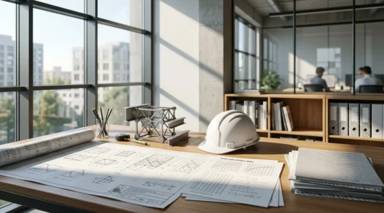 Ingénieur consultant des plans de structure avec calculs de charges et documents d'assurance sur un bureau professionnel