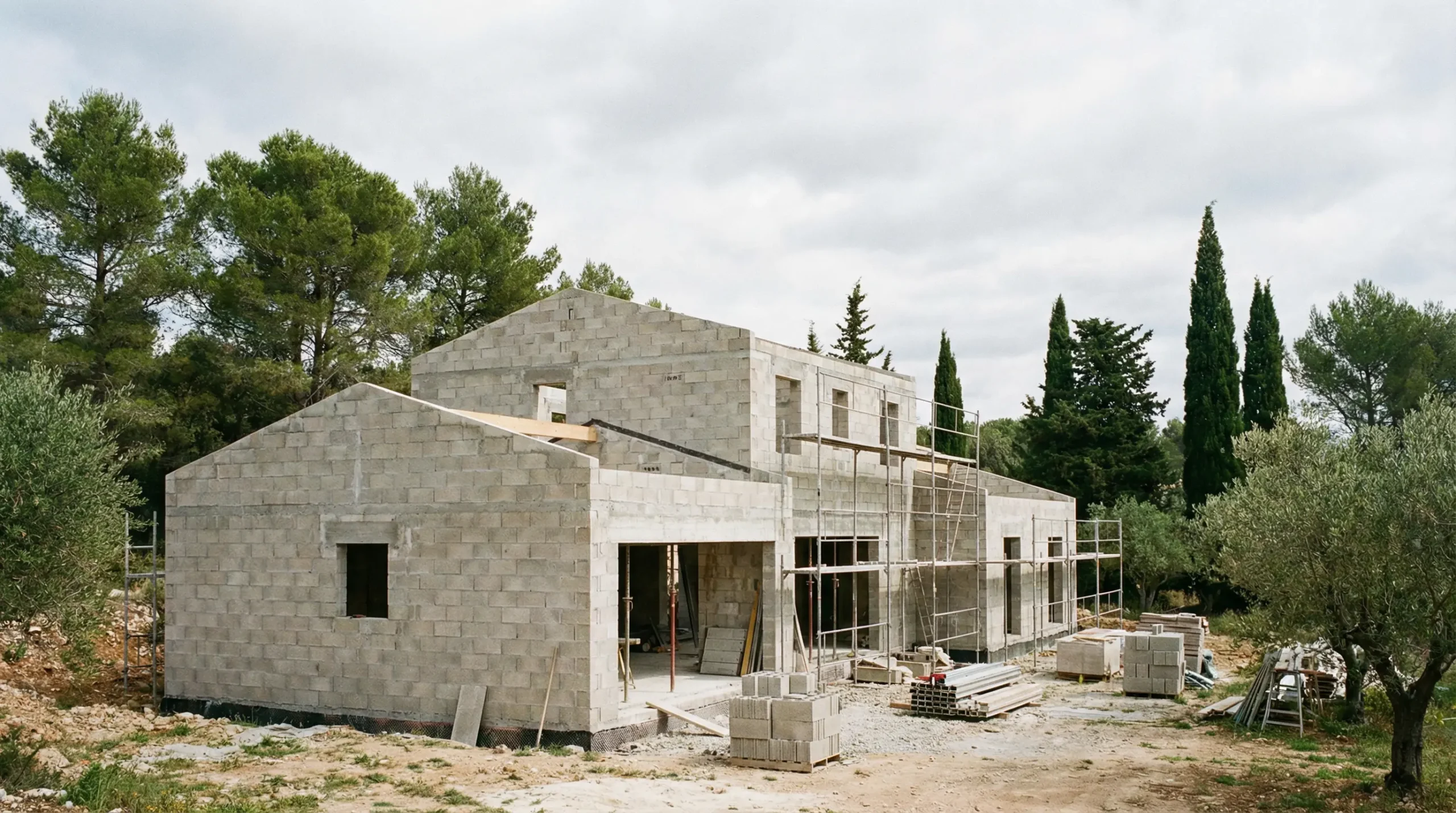 Maison individuelle en construction dans le Var avec structure béton visible