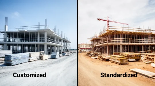 Vue comparative d'une maison unique avec plans d'architecte et d'une maison standardisée de catalogue constructeur