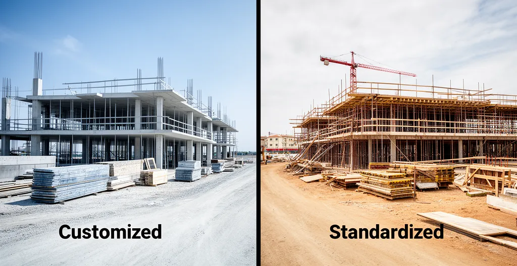 Vue comparative d'une maison unique avec plans d'architecte et d'une maison standardisée de catalogue constructeur