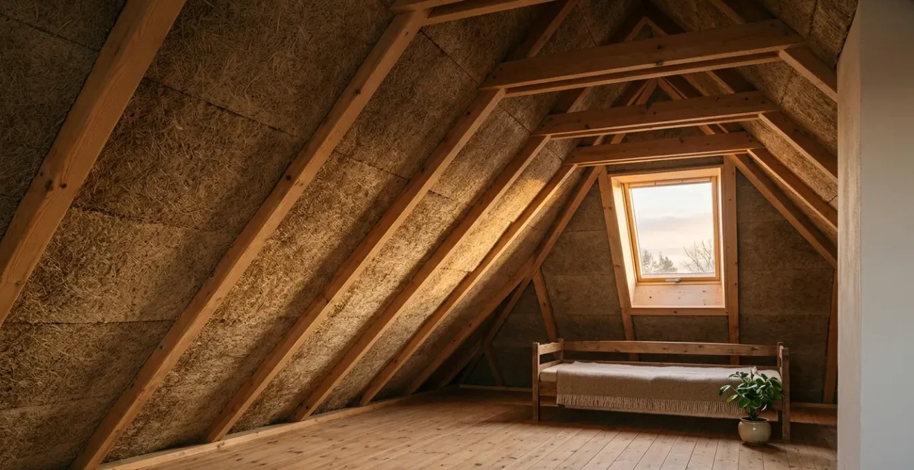 Vue intérieure de combles aménagés avec isolation visible en laine de bois, baignés dans une lumière douce du matin