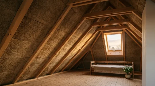 Vue intérieure de combles aménagés avec isolation visible en laine de bois, baignés dans une lumière douce du matin