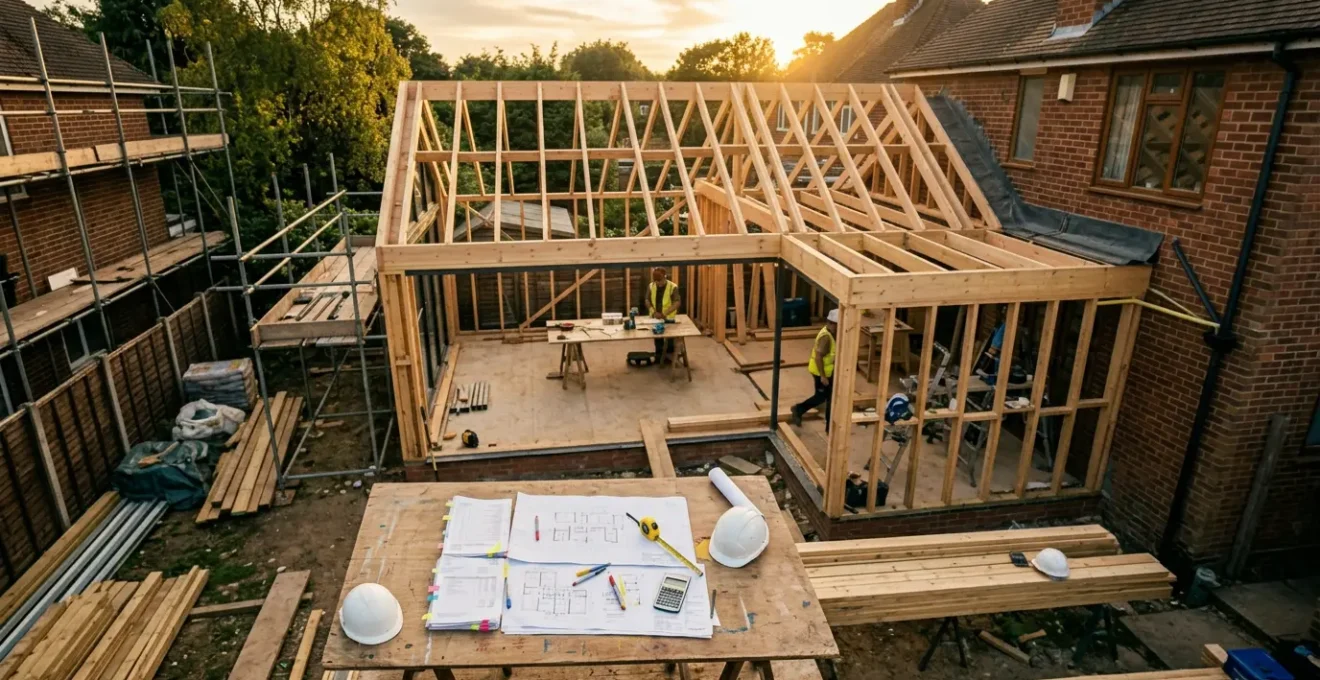 Vue aérienne d'une extension de maison en cours avec plusieurs plans et devis étalés sur une table de chantier