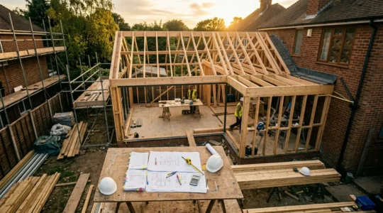 Vue aérienne d'une extension de maison en cours avec plusieurs plans et devis étalés sur une table de chantier