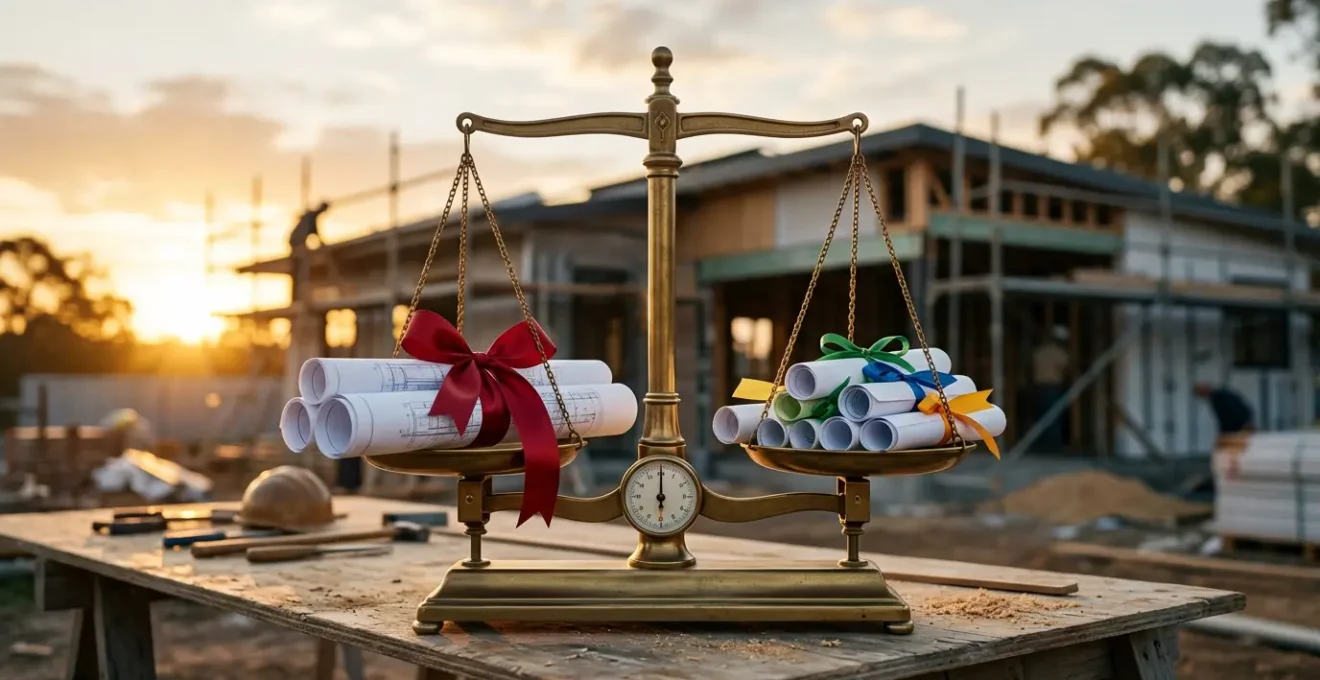Balance équilibrée avec documents contractuels et maison en construction en arrière-plan