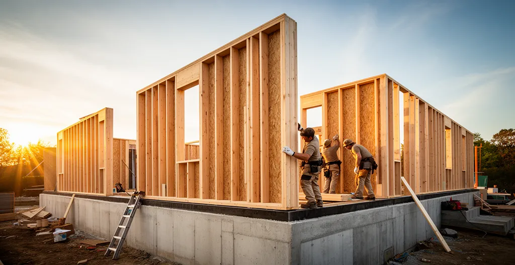 Vue panoramique d'une maison moderne en ossature bois en construction montrant l'assemblage rapide des murs préfabriqués