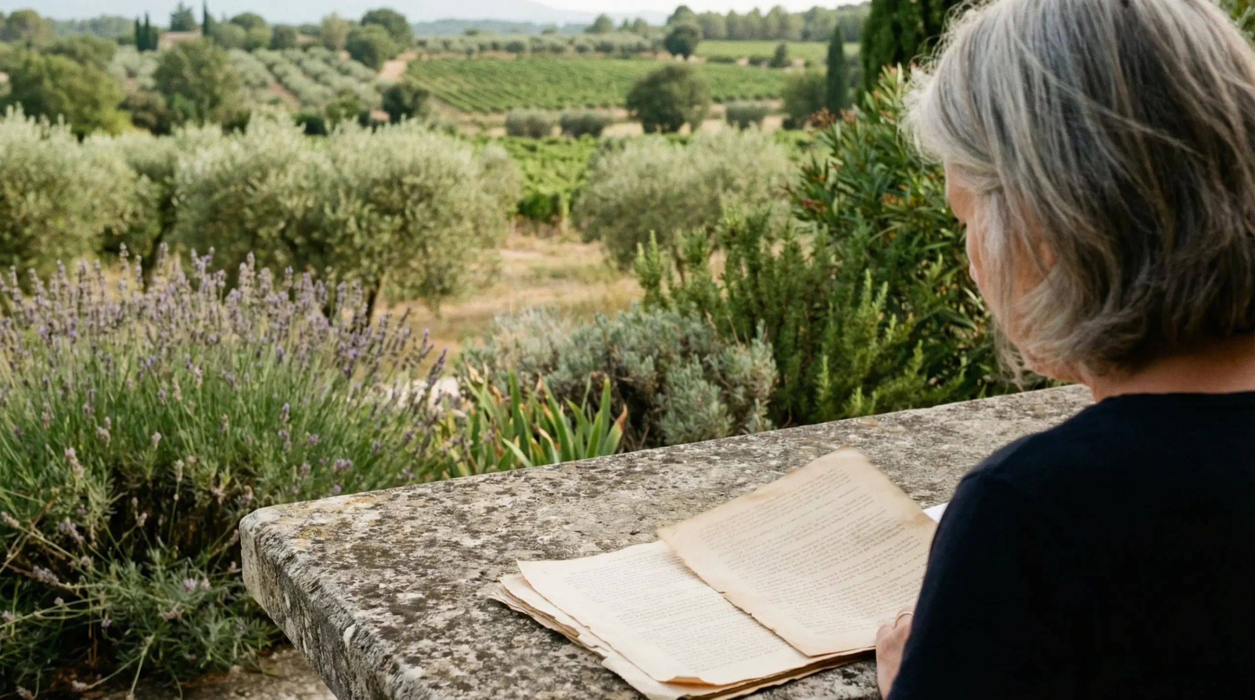 Personne consultant des documents sur une terrasse provençale avec vue sur terrain