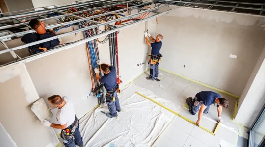 Cinq artisans de différents corps de métier travaillant simultanément dans un espace de rénovation de 100m², avec une organisation spatiale méthodique