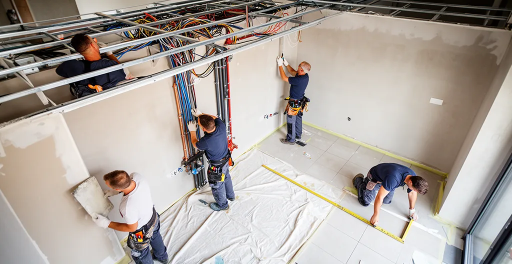 Cinq artisans de différents corps de métier travaillant simultanément dans un espace de rénovation de 100m², avec une organisation spatiale méthodique