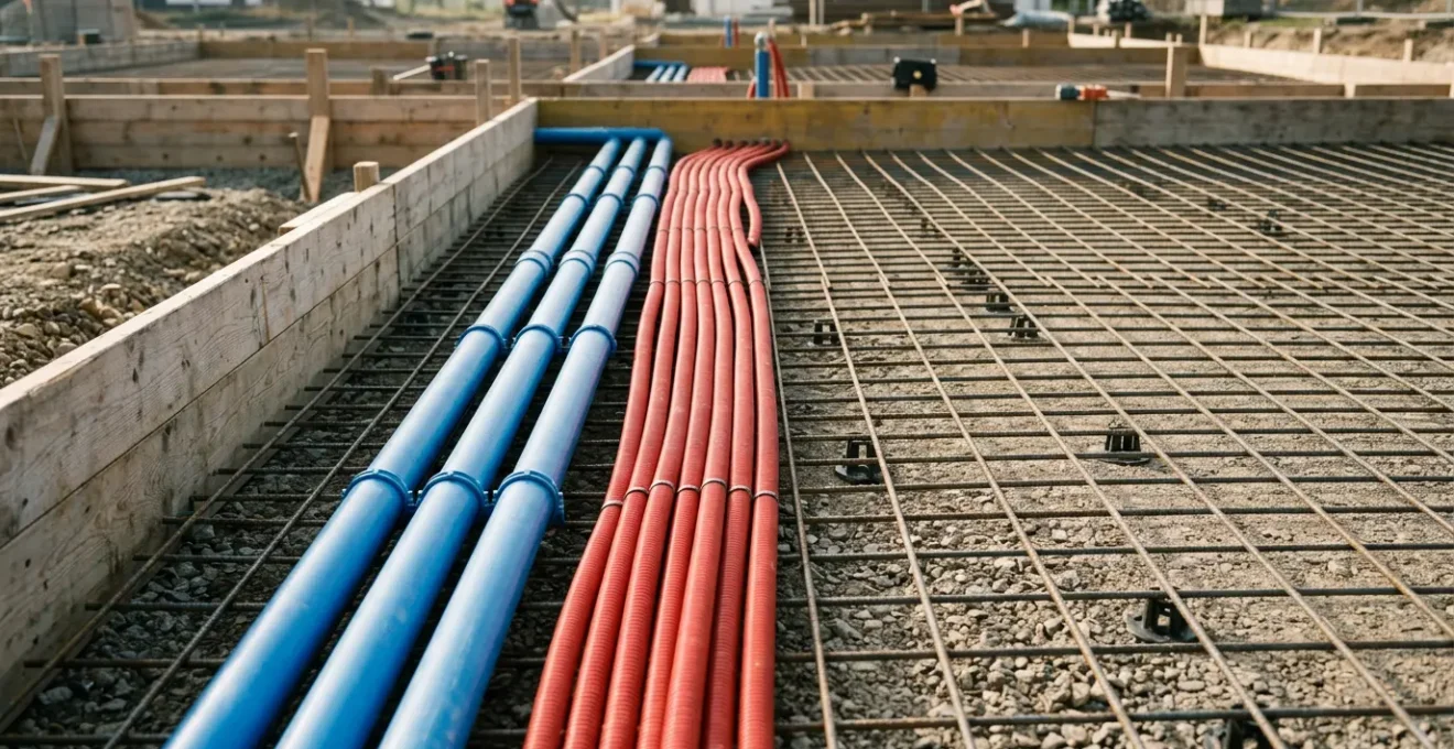 Vue en coupe d'une dalle en construction montrant la coordination entre réseaux de plomberie et d'électricité