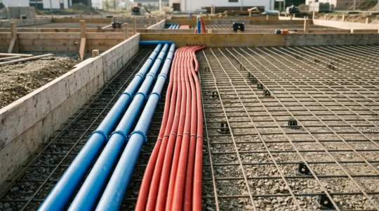 Vue en coupe d'une dalle en construction montrant la coordination entre réseaux de plomberie et d'électricité