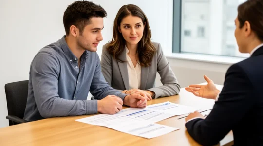 Couple analysant des documents de prêt à taux zéro avec un conseiller financier dans un bureau lumineux
