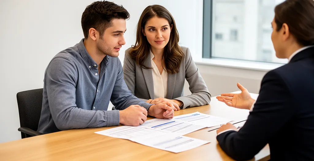 Couple analysant des documents de prêt à taux zéro avec un conseiller financier dans un bureau lumineux