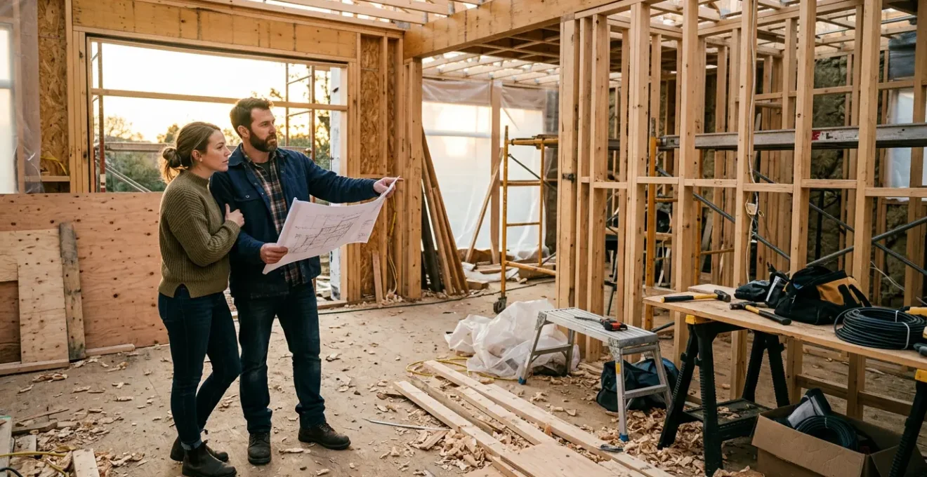 Couple observant leur chantier de maison en retard avec plans et matériaux éparpillés
