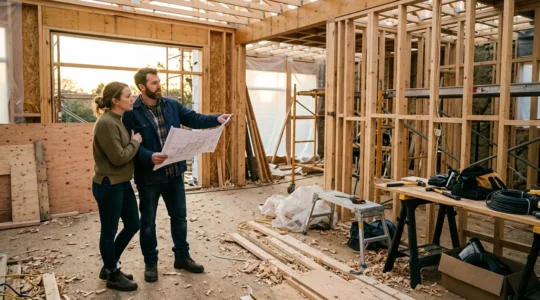 Couple observant leur chantier de maison en retard avec plans et matériaux éparpillés