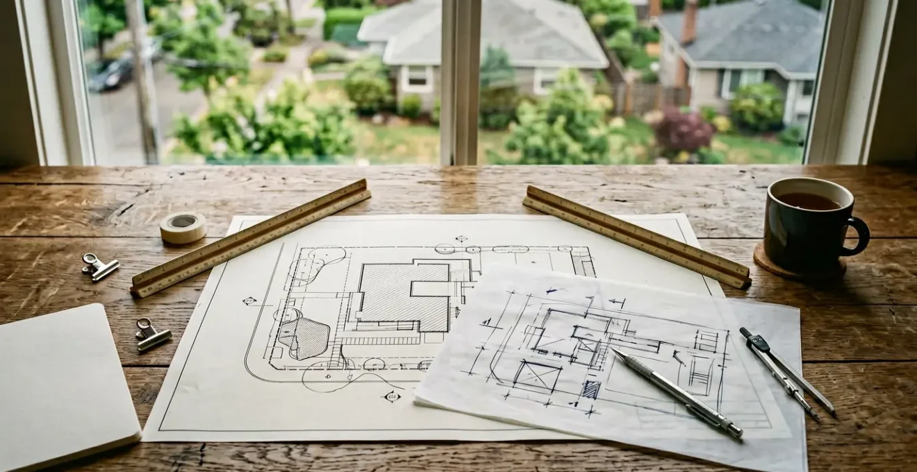 Vue aérienne d'un terrain avec plans d'architecte et documents réglementaires du PLU en cours d'analyse