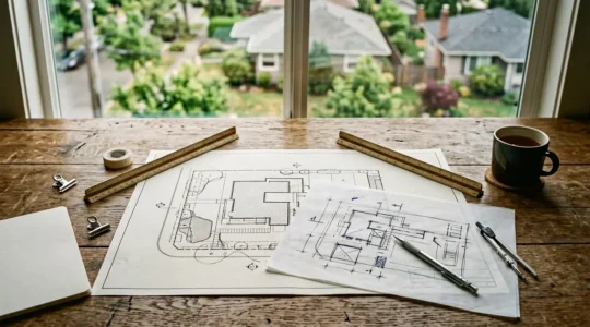 Vue aérienne d'un terrain avec plans d'architecte et documents réglementaires du PLU en cours d'analyse