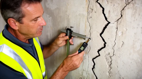 Expert en bâtiment inspectant des fissures structurelles sur un mur porteur avec des outils de mesure professionnels