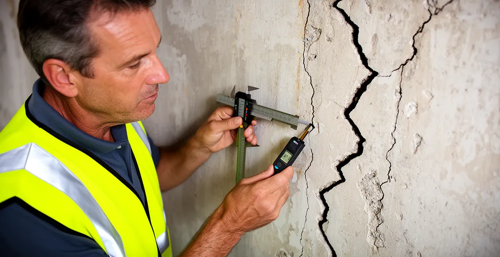 Expert en bâtiment inspectant des fissures structurelles sur un mur porteur avec des outils de mesure professionnels