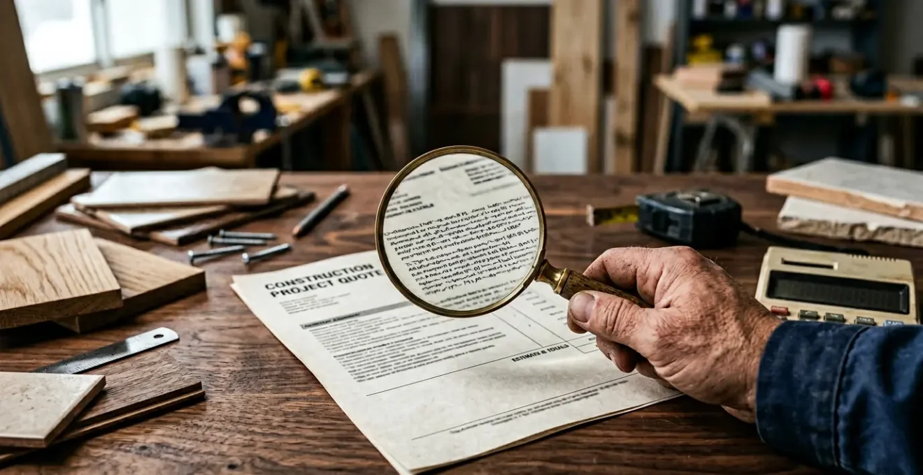 Loupe examinant un document de devis avec des lignes floues et des éléments suspects mis en évidence