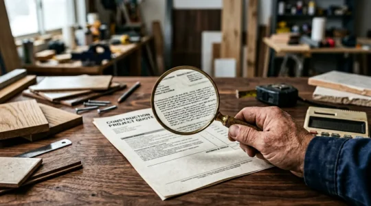 Loupe examinant un document de devis avec des lignes floues et des éléments suspects mis en évidence