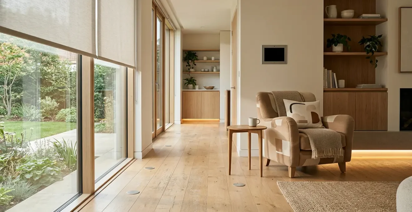 Système domotique moderne intégré dans un intérieur adapté pour seniors avec éclairage automatisé et capteurs discrets