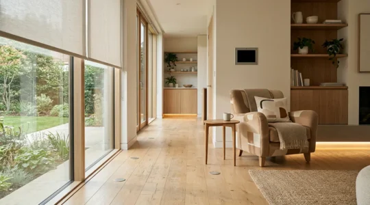 Système domotique moderne intégré dans un intérieur adapté pour seniors avec éclairage automatisé et capteurs discrets